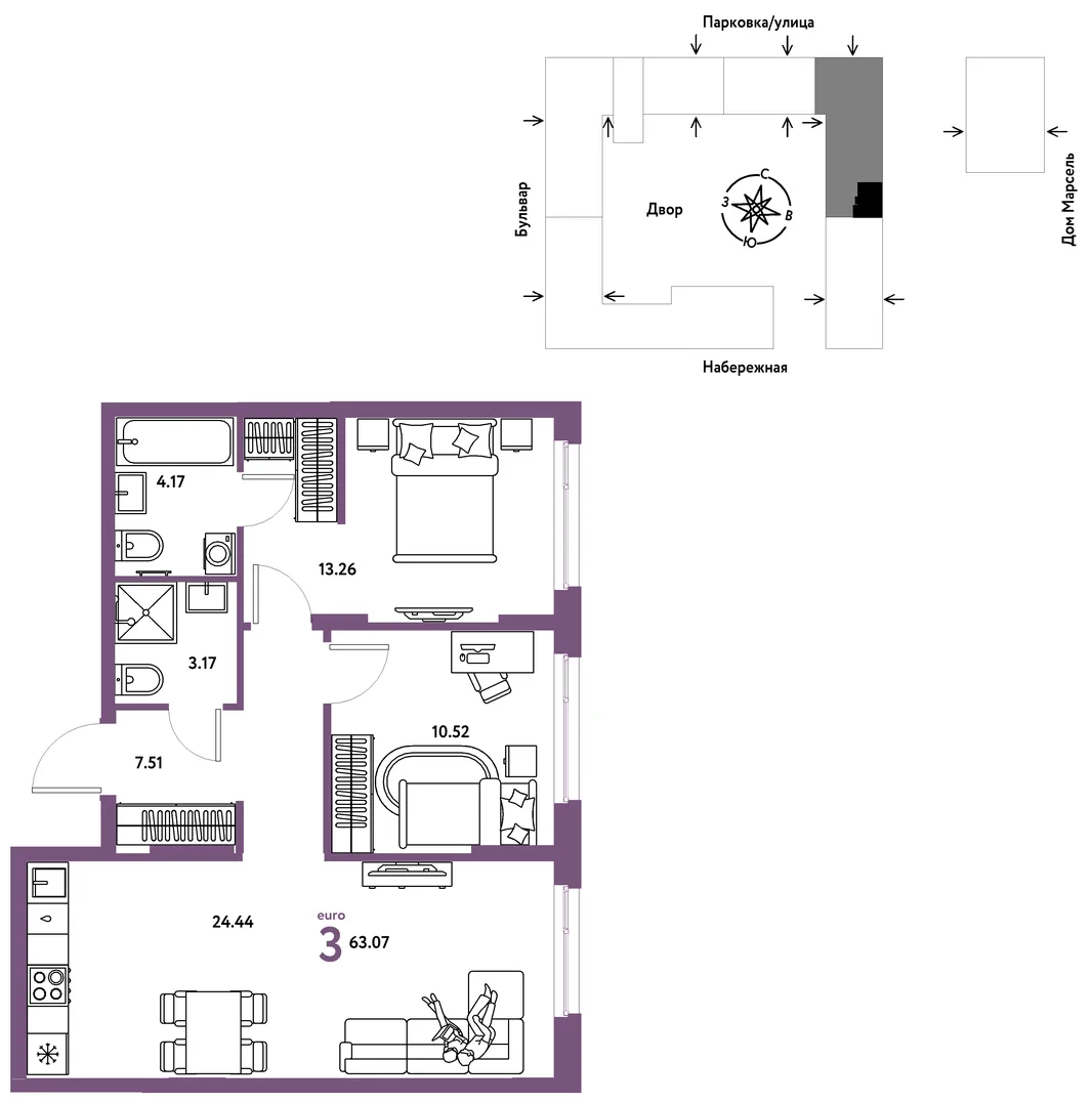 Планировка 3-комн. квартира, 63.07 м² ЖК «Европейский берег 2.0»