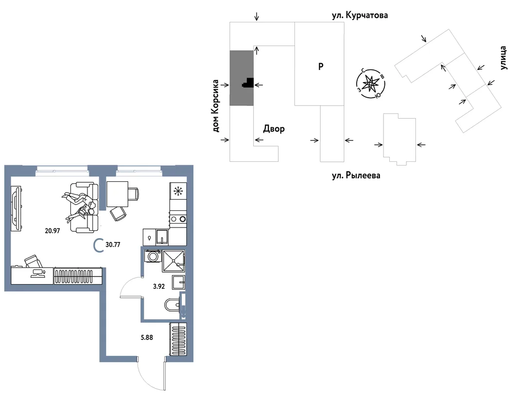 Планировка Студия, 30.77 м² ЖК «Остров-сад»