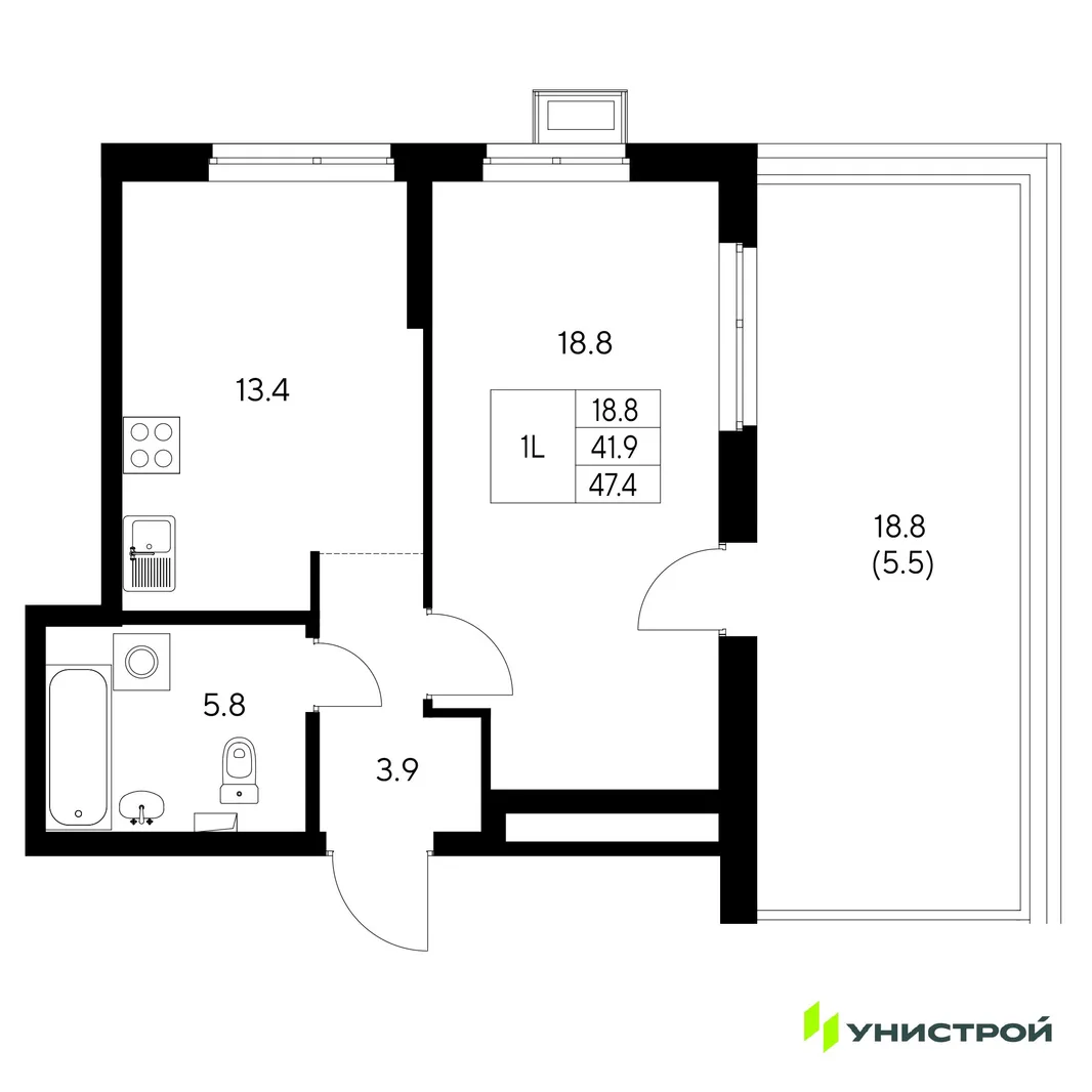 Планировка 1-комн. квартира, 47.4 м² ЖК «Стадиум»