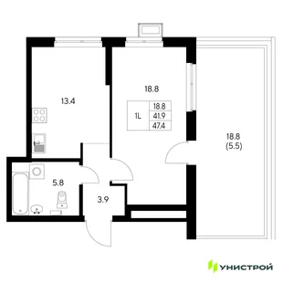 Планировка 1-комн. квартира, 47.4 м² ЖК «Стадиум»