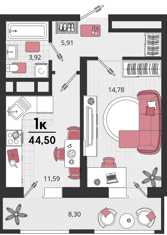 Планировка 1-комн. квартира, 44.5 м² ЖК «Родные просторы»