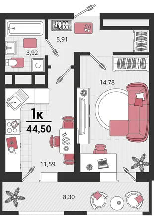 Планировка 1-комн. квартира, 44.5 м² ЖК «Родные просторы»