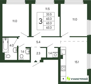 Планировка 3-комн. квартира, 63.3 м² ЖК «Парковый квартал 2.0»