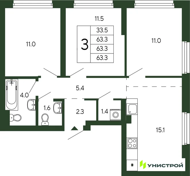 Планировка 3-комн. квартира, 63.3 м² ЖК «Парковый квартал 2.0» Планировка 3-комн. квартира, 63.3 м² ЖК «Парковый квартал 2.0»
