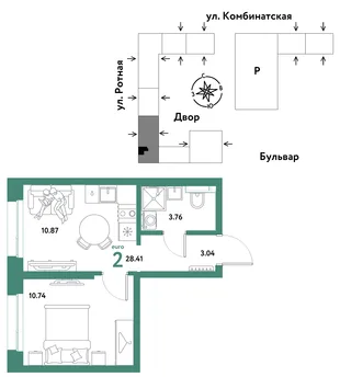 Планировка 2-комн. квартира, 28.41 м² ЖК «Уральский сад»