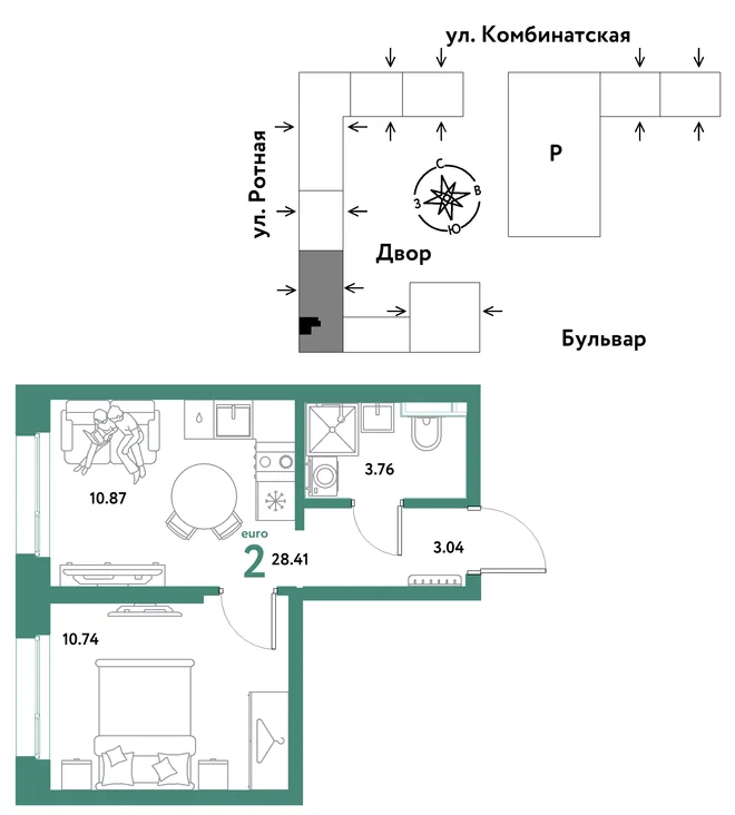 Планировка 2-комн. квартира, 28.41 м² ЖК «Уральский сад» Планировка 2-комн. квартира, 28.41 м² ЖК «Уральский сад»