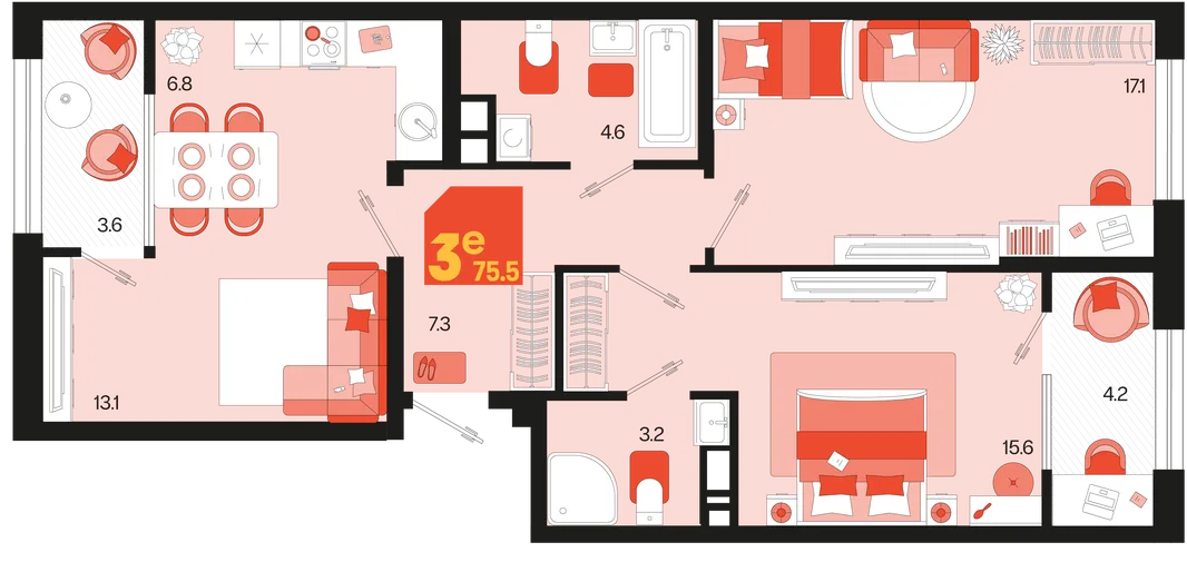 Планировка 3-комн. квартира, 75.5 м² ЖК «Первое место»