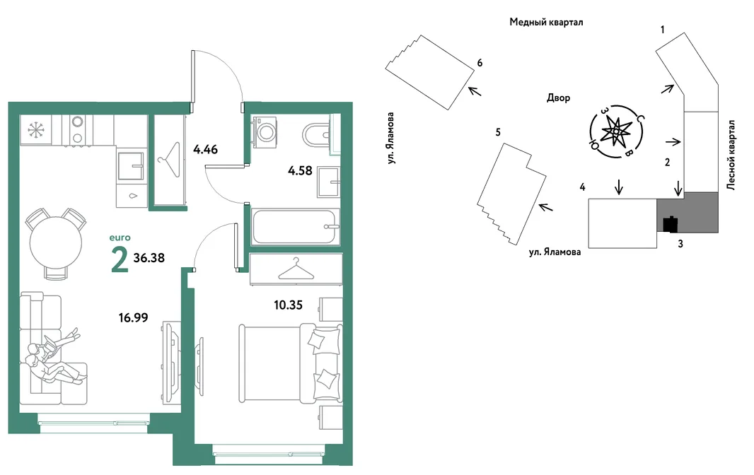 Планировка 2-комн. квартира, 36.38 м² ЖК «Сибирский сад»