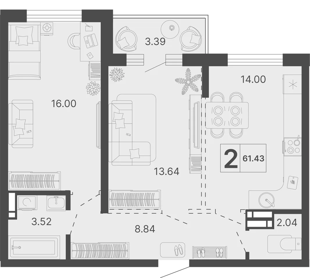 Планировка 2-комн. квартира, 61.43 м² ЖК «Светский лес»