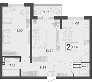 Планировка 2-комн. квартира, 61.43 м² ЖК «Светский лес»