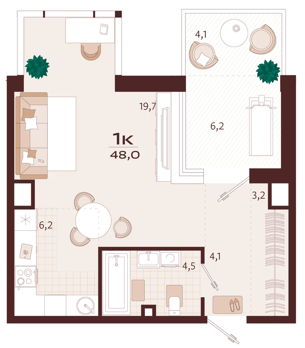 Планировка 1-комн. квартира, 48 м² ЖК «Роялта»