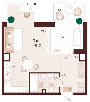 Планировка 1-комн. квартира, 48 м² ЖК «Роялта»