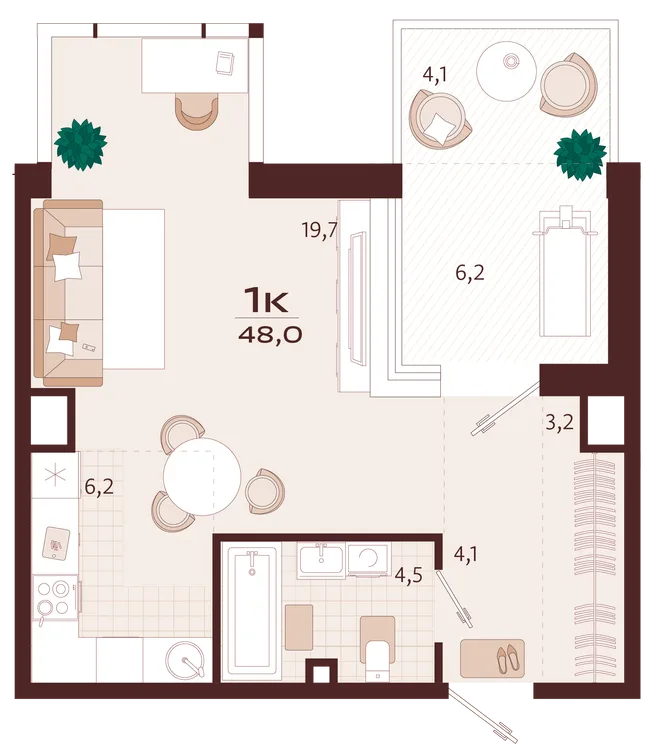 Планировка 1-комн. квартира, 48 м² ЖК «Роялта» Планировка 1-комн. квартира, 48 м² ЖК «Роялта»