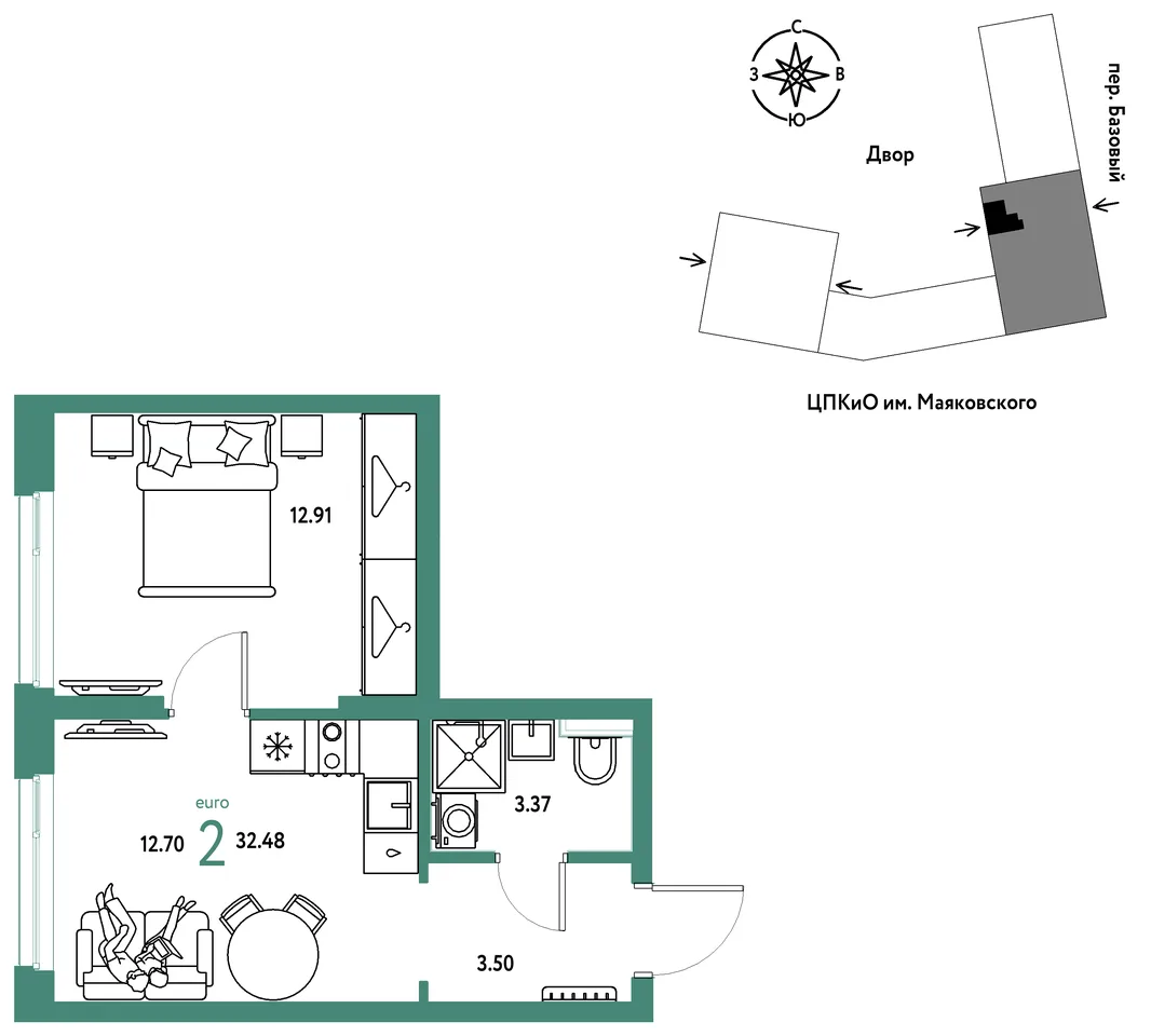 Планировка 2-комн. квартира, 32.48 м² ЖК «Сибирский сад»