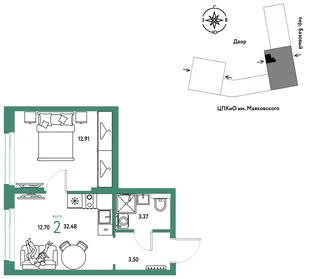 Планировка 2-комн. квартира, 32.48 м² ЖК «Сибирский сад»