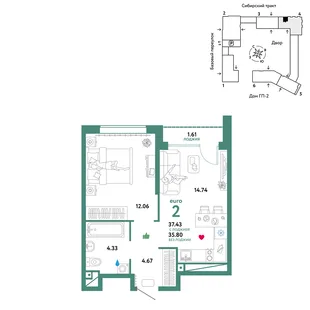Планировка 2-комн. квартира, 37.43 м² ЖК «Сибирский сад»