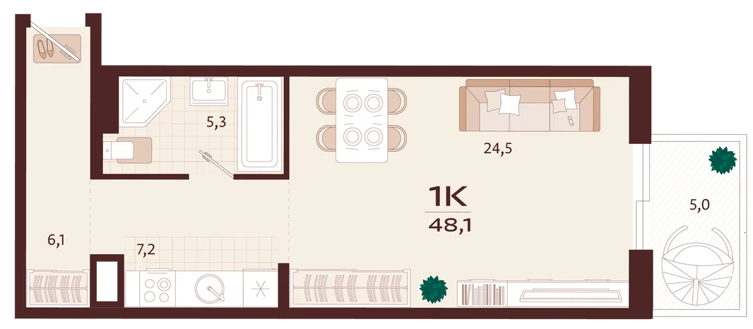 Планировка 1-комн. квартира, 48.1 м² ЖК «Роялта»