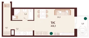 Планировка 1-комн. квартира, 48.1 м² ЖК «Роялта»