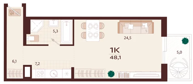 Планировка 1-комн. квартира, 48.1 м² ЖК «Роялта» Планировка 1-комн. квартира, 48.1 м² ЖК «Роялта»