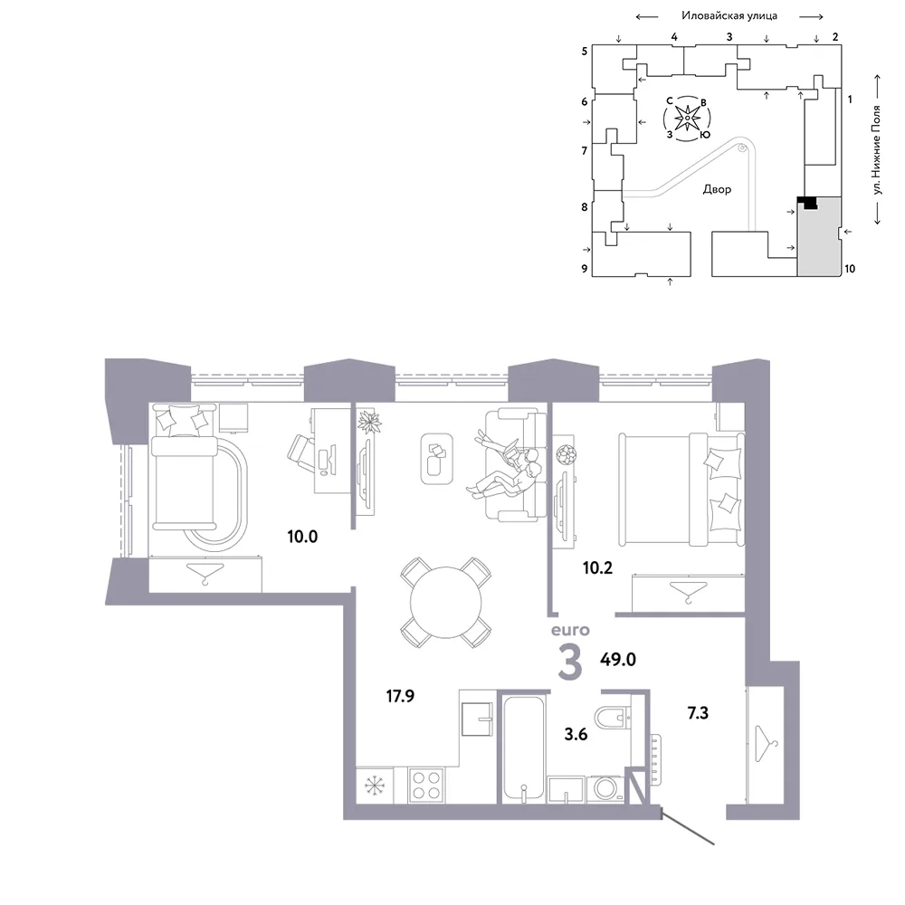 Планировка 3-комн. квартира, 49 м² ЖК «Страна.Заречная»