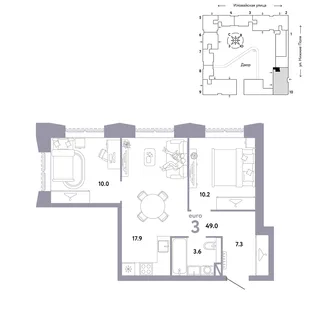 Планировка 3-комн. квартира, 49 м² ЖК «Страна.Заречная»