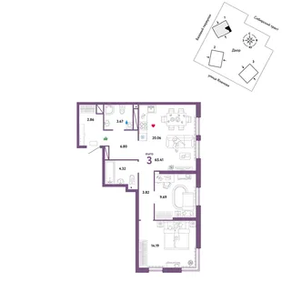 Планировка 3-комн. квартира, 65.41 м² ЖК «Сибирский сад»