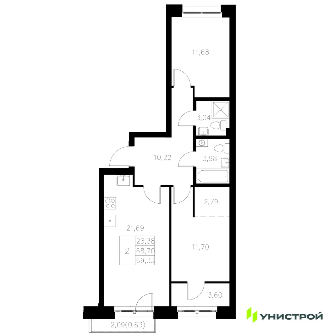 Планировка 2-комн. квартира, 69.33 м² ЖК «Statum»