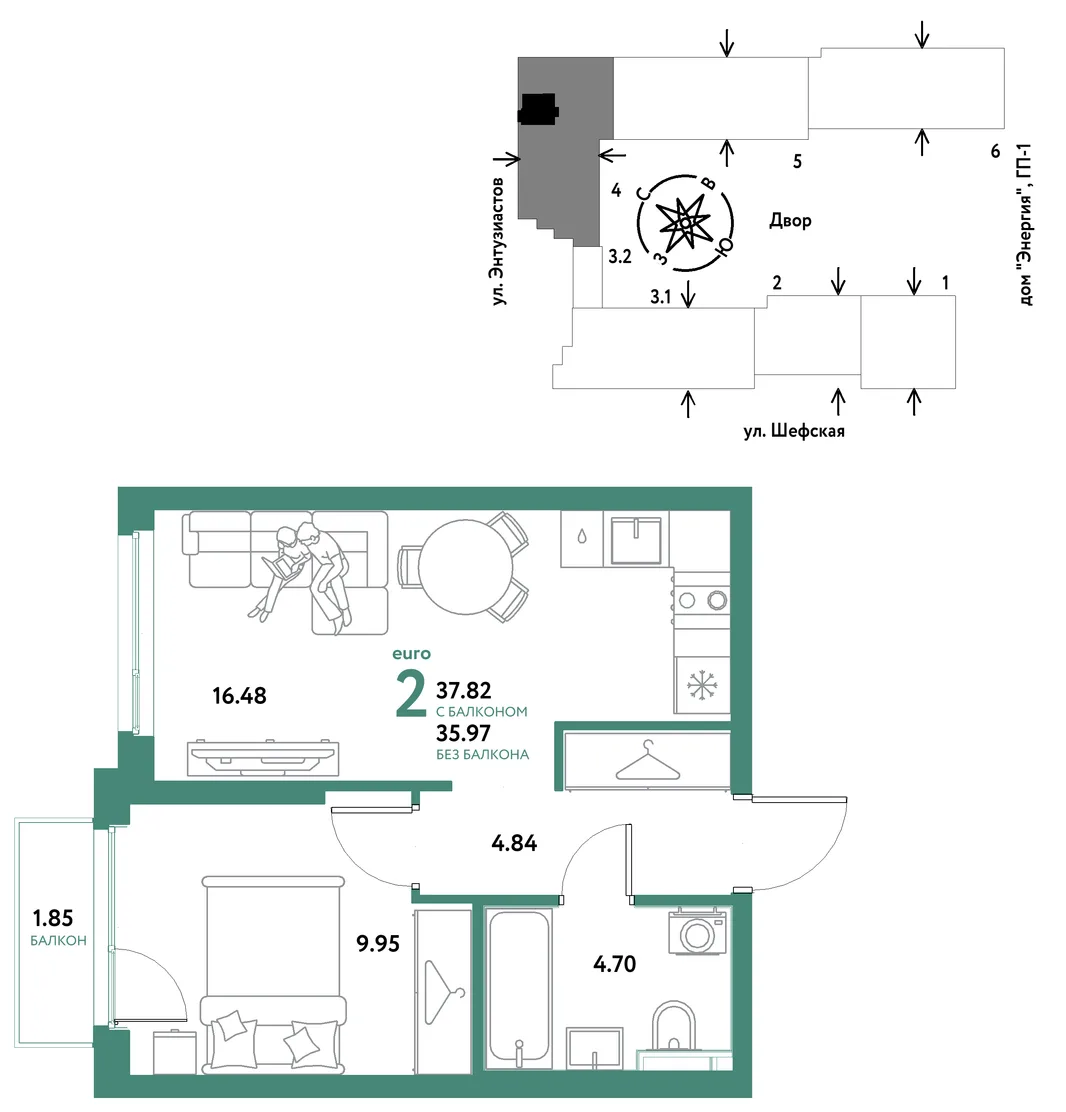 Планировка 2-комн. квартира, 37.82 м² ЖК «Страна.Энтузиастов»