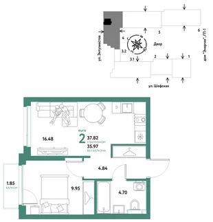 Планировка 2-комн. квартира, 37.82 м² ЖК «Страна.Энтузиастов»