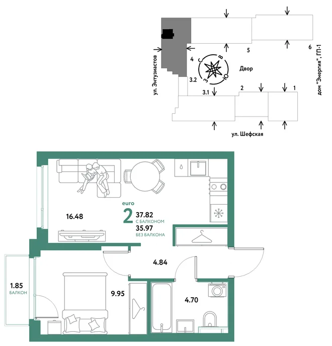 Планировка 2-комн. квартира, 37.82 м² ЖК «Страна.Энтузиастов» Планировка 2-комн. квартира, 37.82 м² ЖК «Страна.Энтузиастов»