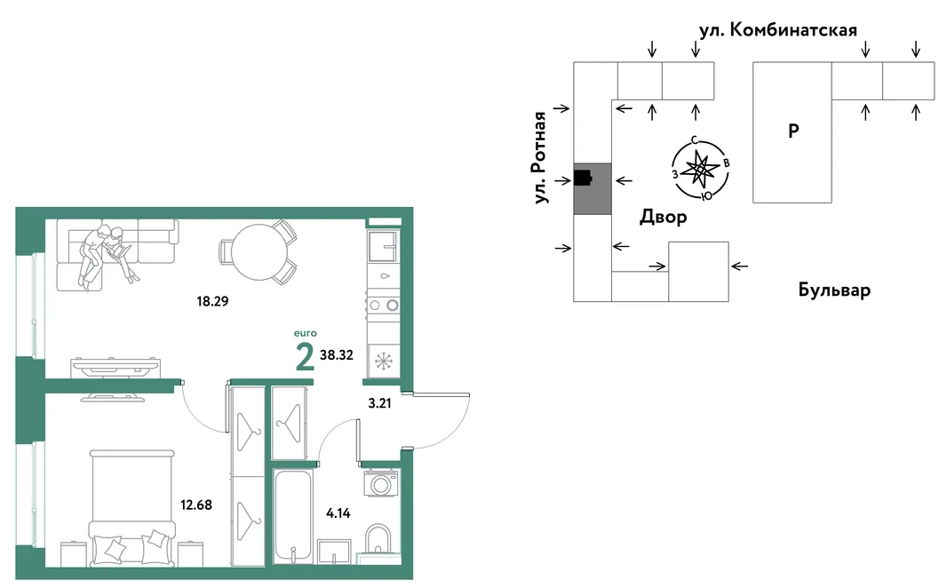 Планировка 2-комн. квартира, 38.11 м² ЖК «Уральский сад»