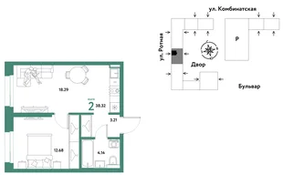 Планировка 2-комн. квартира, 38.11 м² ЖК «Уральский сад»