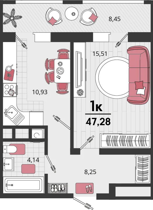 Планировка 1-комн. квартира, 47.28 м² ЖК «Родные просторы»
