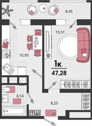 Планировка 1-комн. квартира, 47.28 м² ЖК «Родные просторы»