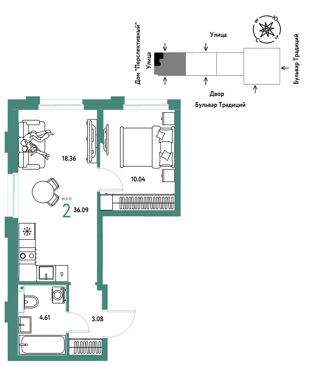 Планировка 2-комн. квартира, 36.09 м² ЖК «Микрорайон Домашний»