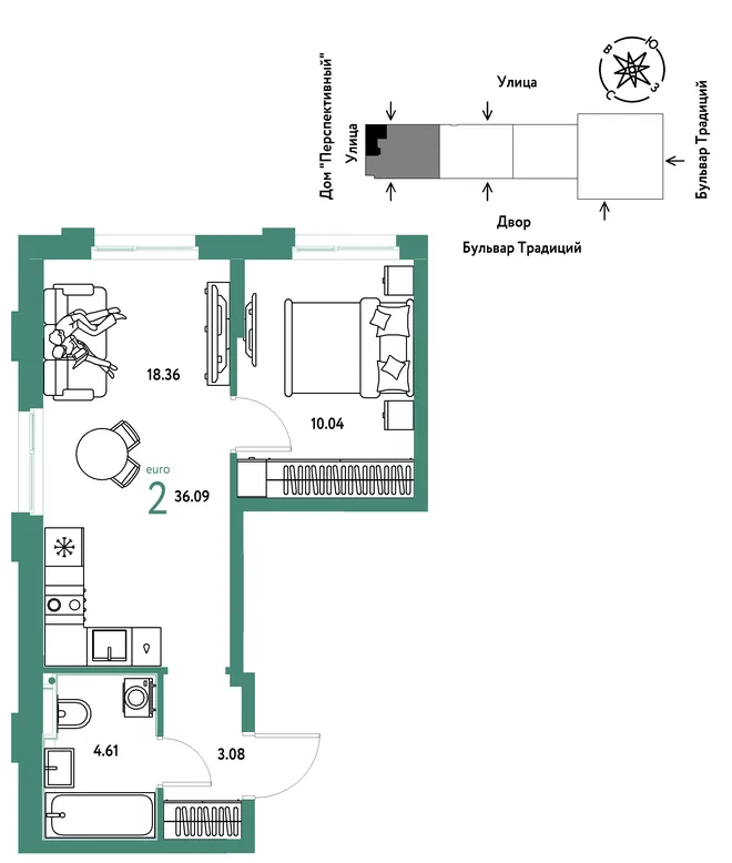 Планировка 2-комн. квартира, 36.09 м² ЖК «Микрорайон Домашний» Планировка 2-комн. квартира, 36.09 м² ЖК «Микрорайон Домашний»