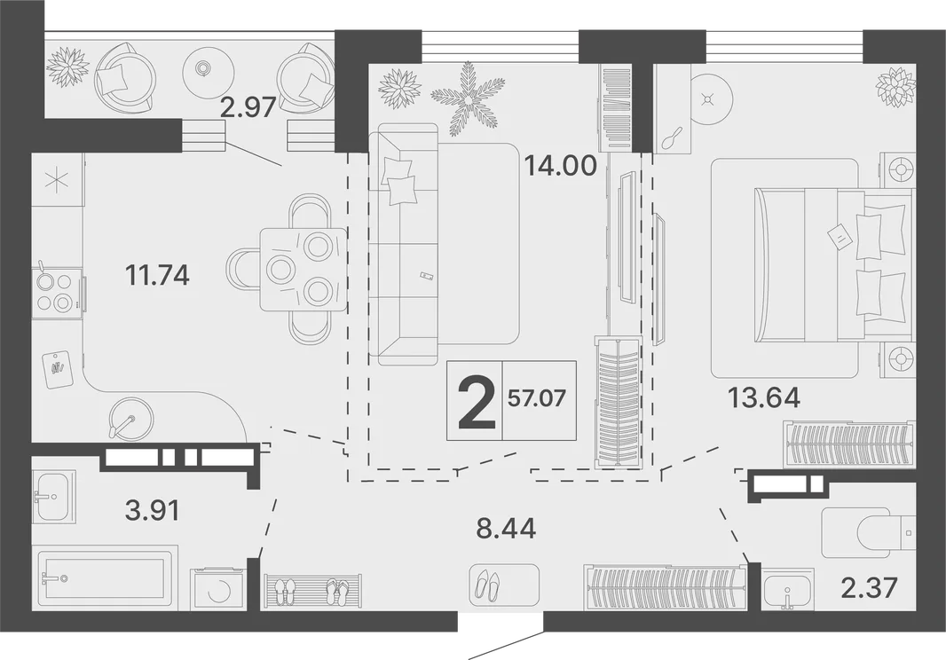 Планировка 2-комн. квартира, 57.07 м² ЖК «Светский лес»