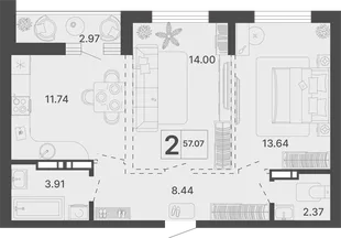 Планировка 2-комн. квартира, 57.07 м² ЖК «Светский лес»