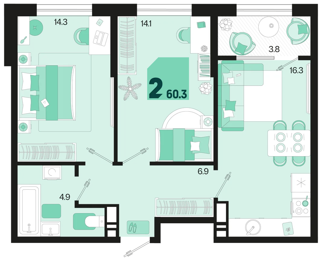Планировка 2-комн. квартира, 60.3 м² ЖК «Первое место»
