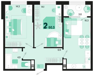 Планировка 2-комн. квартира, 60.3 м² ЖК «Первое место»