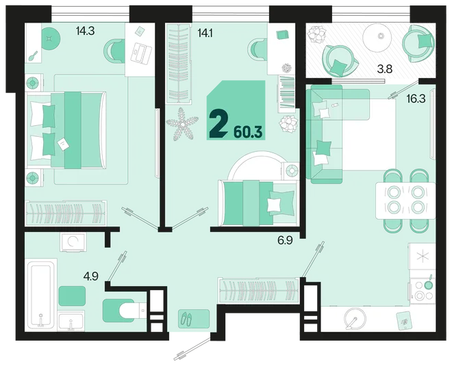 Планировка 2-комн. квартира, 60.3 м² ЖК «Первое место»