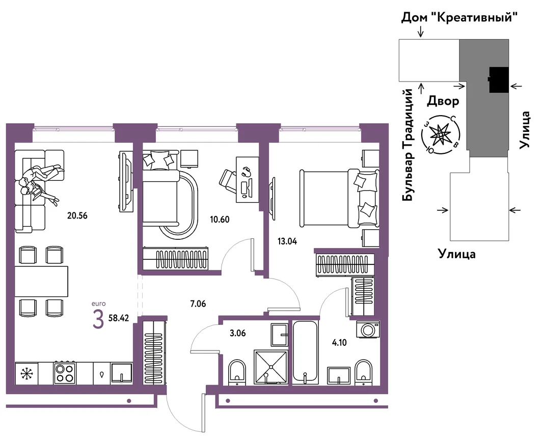 Планировка 3-комн. квартира, 58.42 м² ЖК «Микрорайон Домашний»