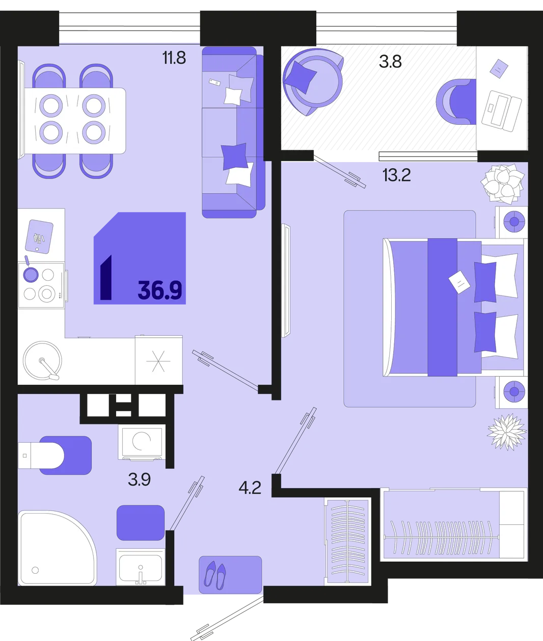 Планировка 1-комн. квартира, 36.9 м² ЖК «Первое место»