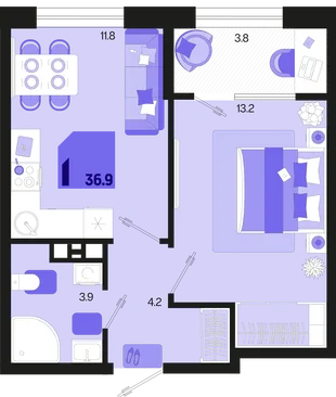 Планировка 1-комн. квартира, 36.9 м² ЖК «Первое место»