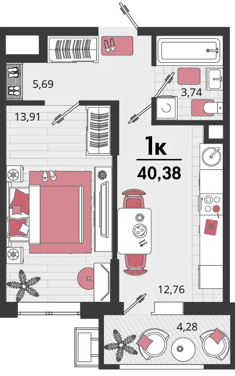 Планировка 1-комн. квартира, 40.38 м² ЖК «Родные просторы»