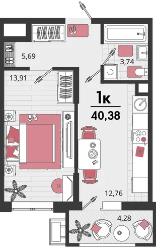 Планировка 1-комн. квартира, 40.38 м² ЖК «Родные просторы»