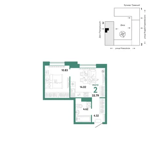 Планировка 2-комн. квартира, 33.79 м² ЖК «Микрорайон Домашний»