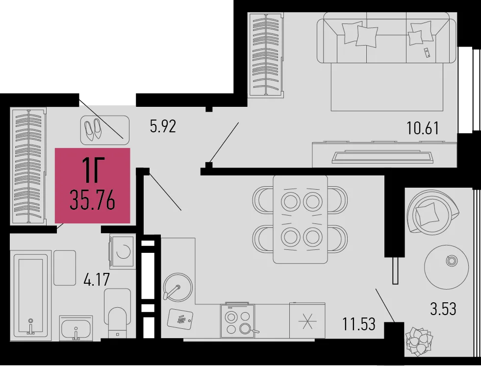 Планировка 1-комн. квартира, 35.76 м² ЖК «Столицыно»