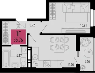 Планировка 1-комн. квартира, 35.76 м² ЖК «Столицыно»