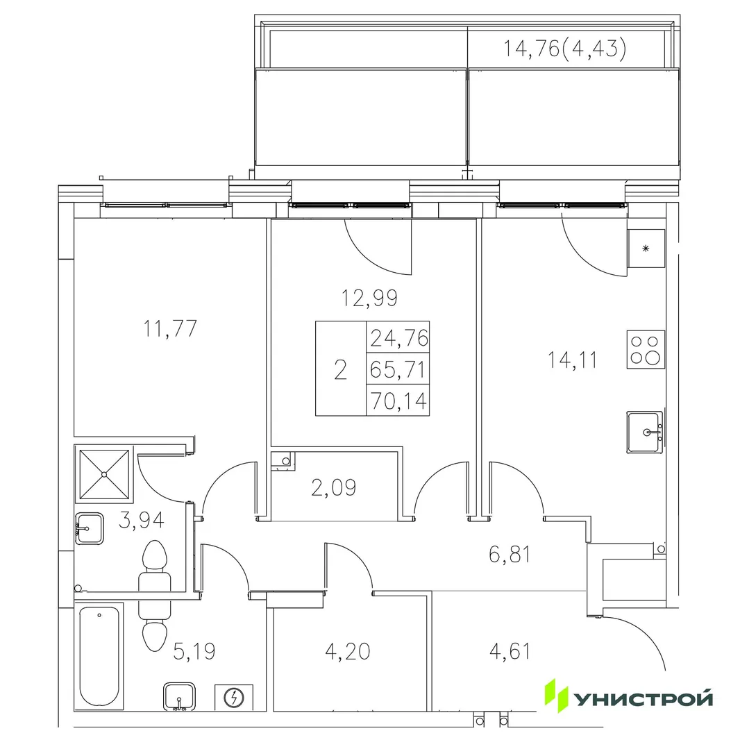 Планировка 2-комн. квартира, 70.14 м² ЖК «Statum»